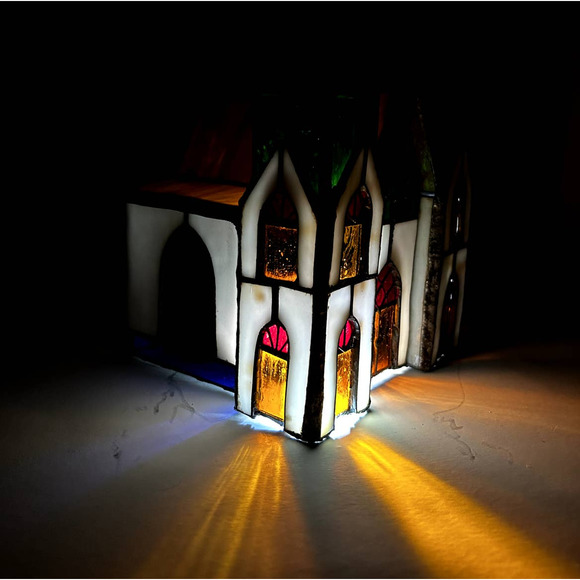 Vintage Tiffany Style Stained Glass Cathedral Church Christmas Tabletop Decor - Picture 2 of 12